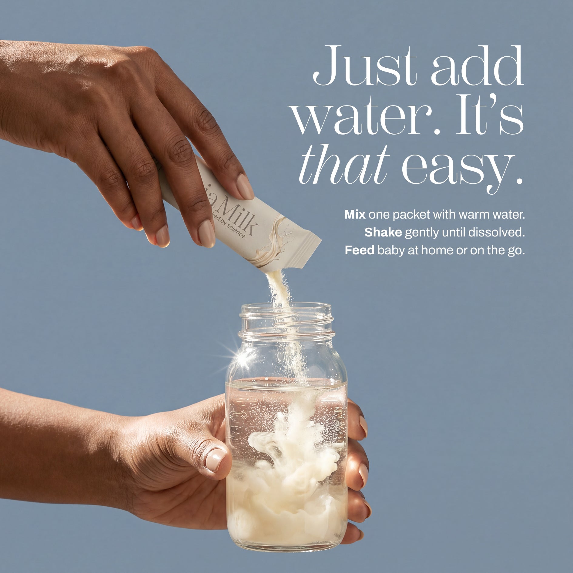 Person pouring a powder into a jar with text about mixing it with water.