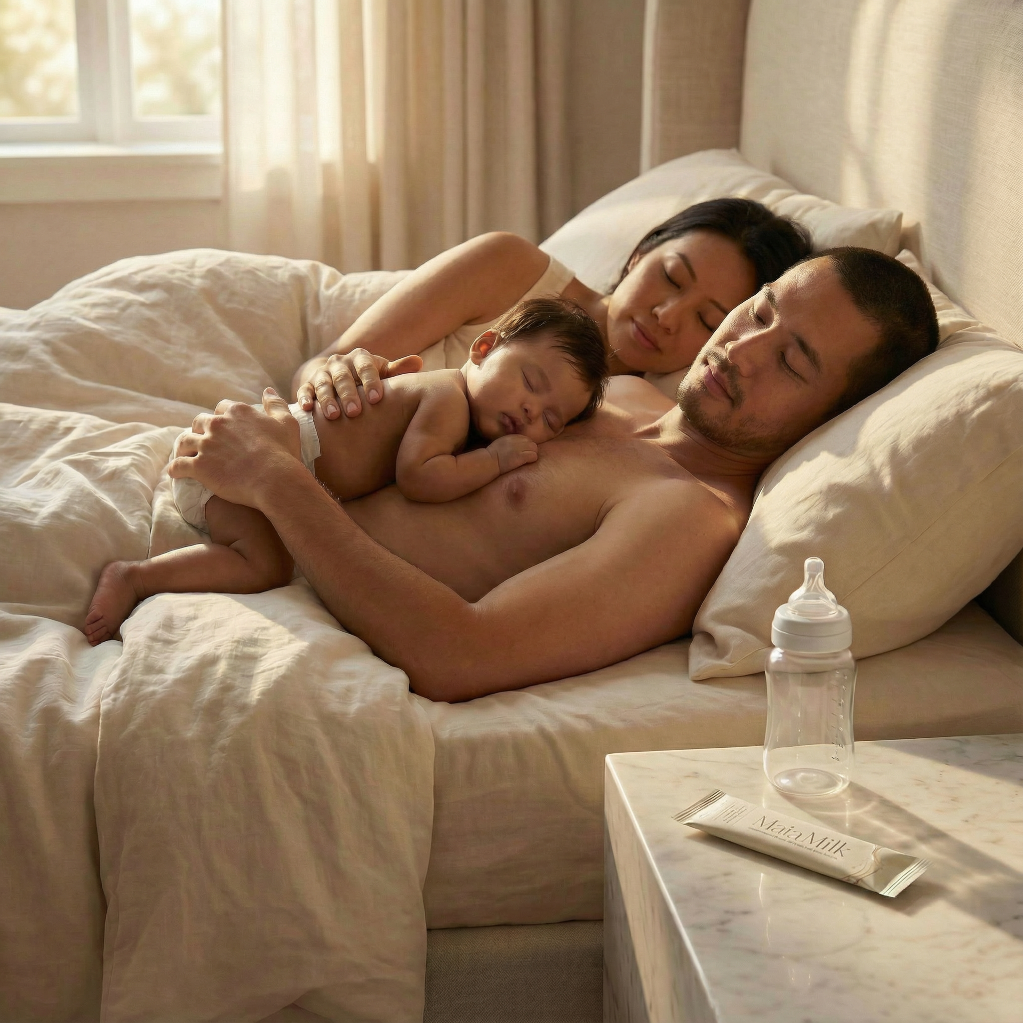 Family of three in bed with a baby, parents holding the baby, bottle and MaiaMilk package on a nightstand.