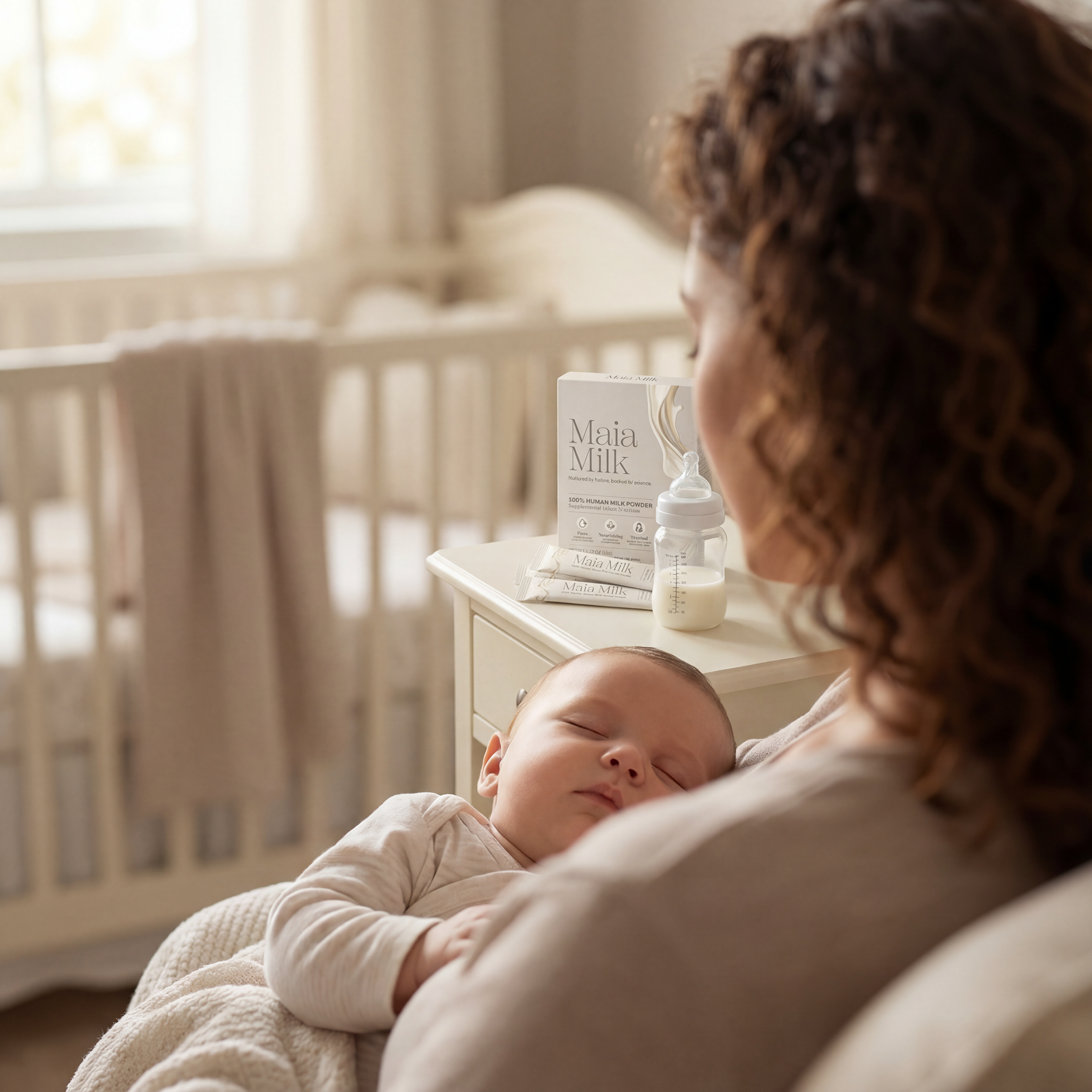 Woman holding a baby in a nursery with a bottle and container of MaiaMilk on a nightstand.