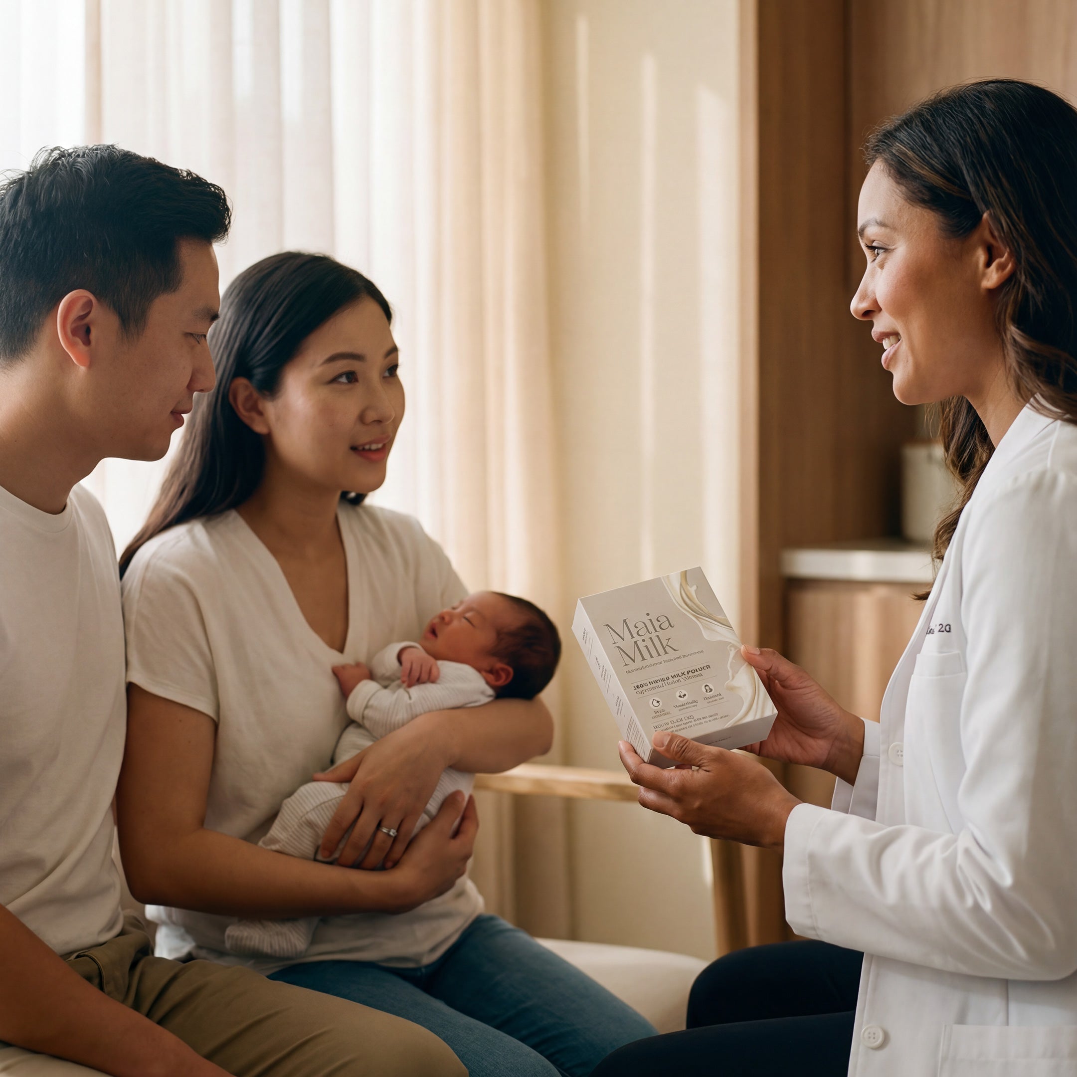 Doctor holding a 'MaiaMilk' box while interacting with a couple holding a baby.