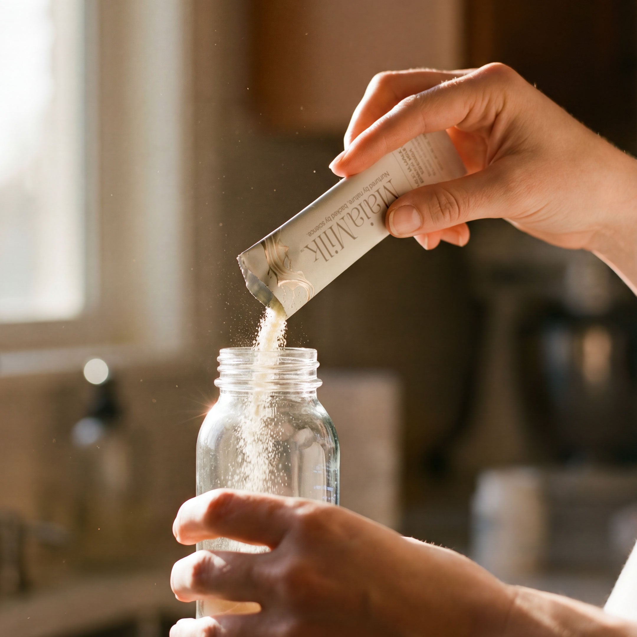 Person pouring milk powder from a MaiaMilk powder into a glass jar in a kitchen setting.