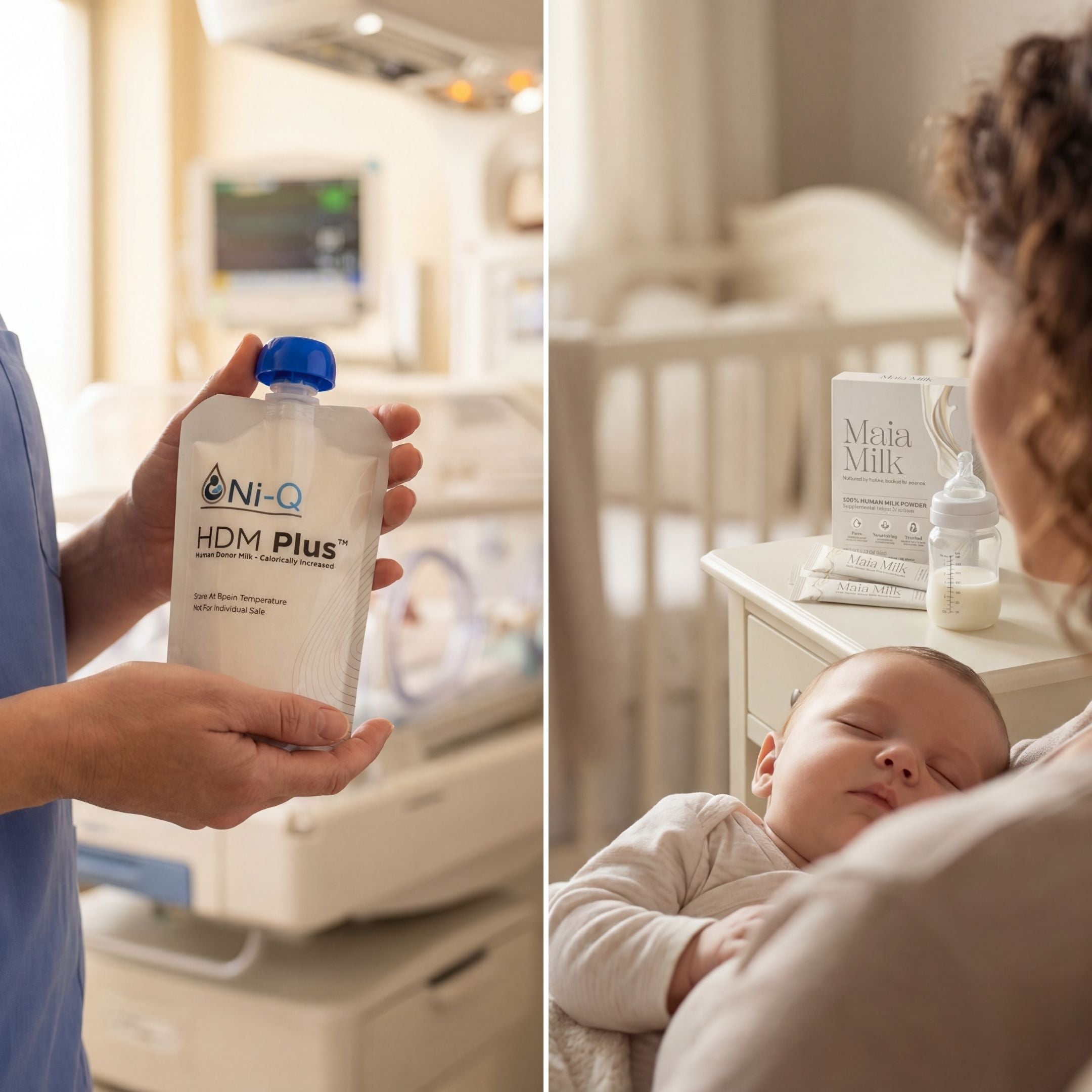 Person holding a package labeled 'HDM Plus' in a hospital setting, with a baby in a crib in another scene.