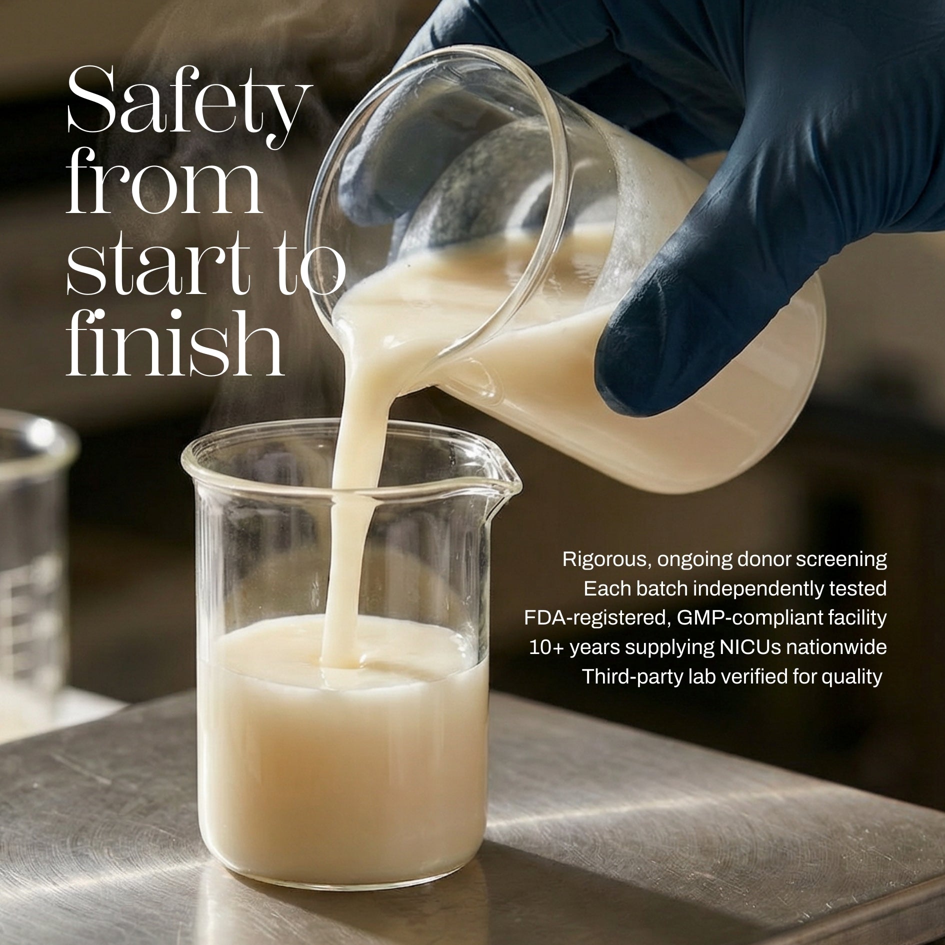 Hand pouring liquid into a beaker with text about safety and quality assurance.