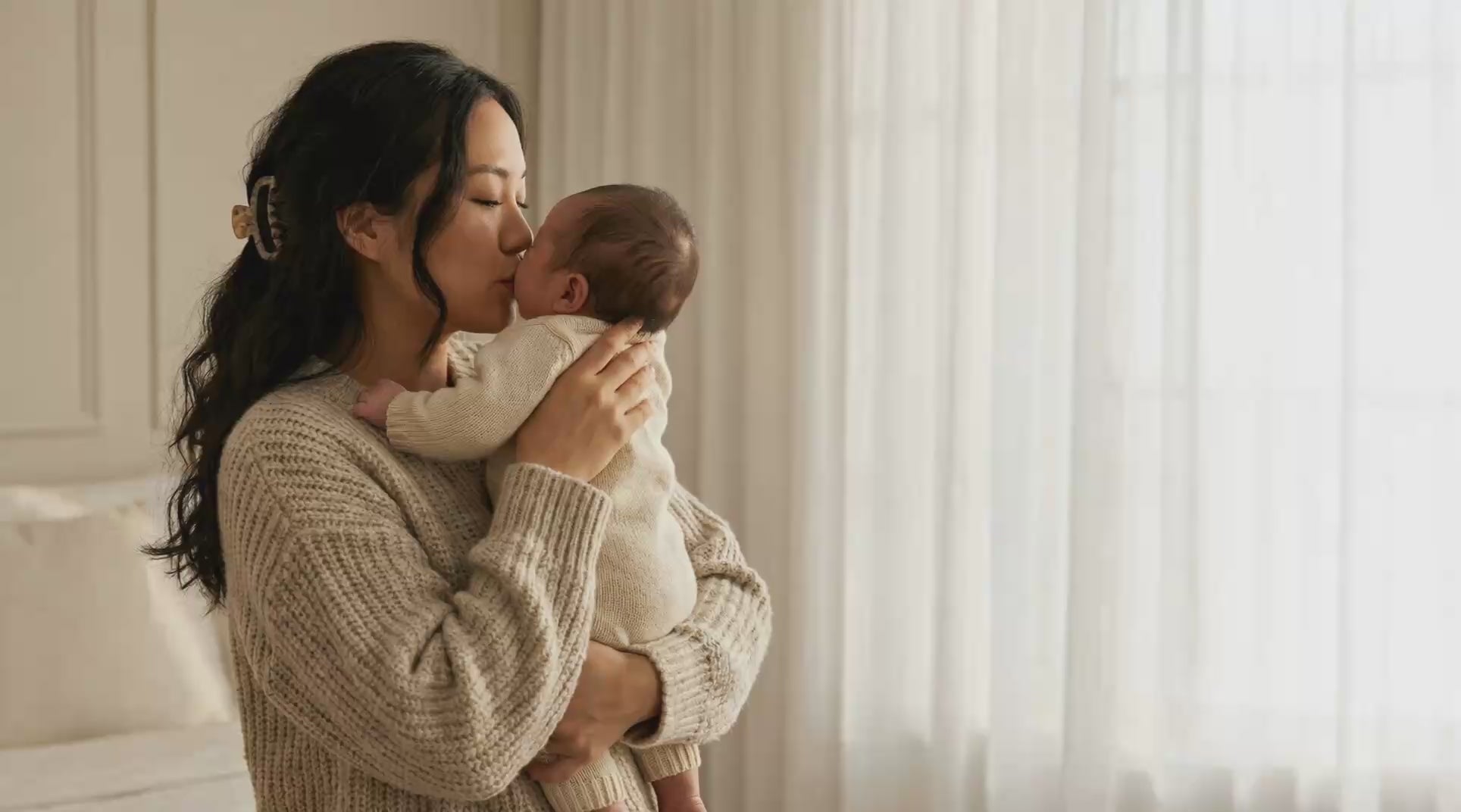 An Asian woman gently rocks, kisses and nuzzles her newborn baby